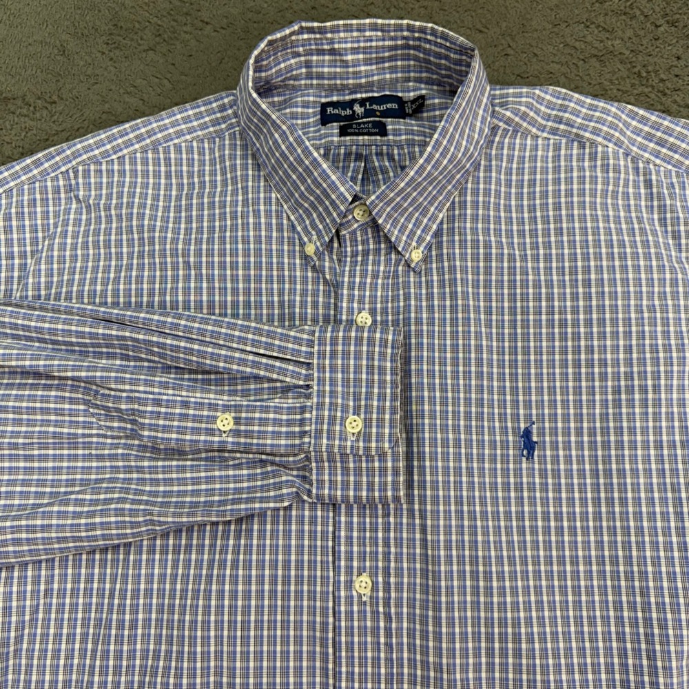 Ralph Lauren Button Down Shirt Mens XXL Blue Plaid Blake 100% Cotton Long Sleeve